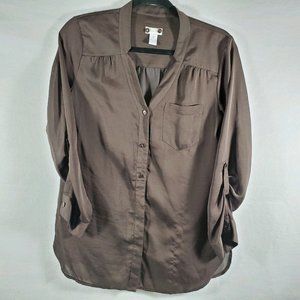 Chico's 2 Womens Size 12 Blouse 3/4 Roll Tab Sleeve Button Down V Neck